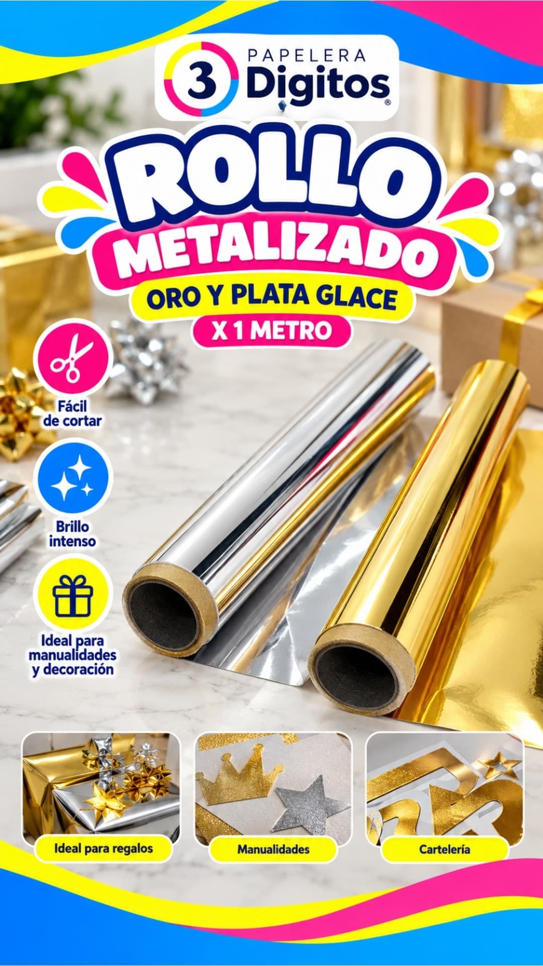 PAPEL GLASE EN ROLLO METALIZADO