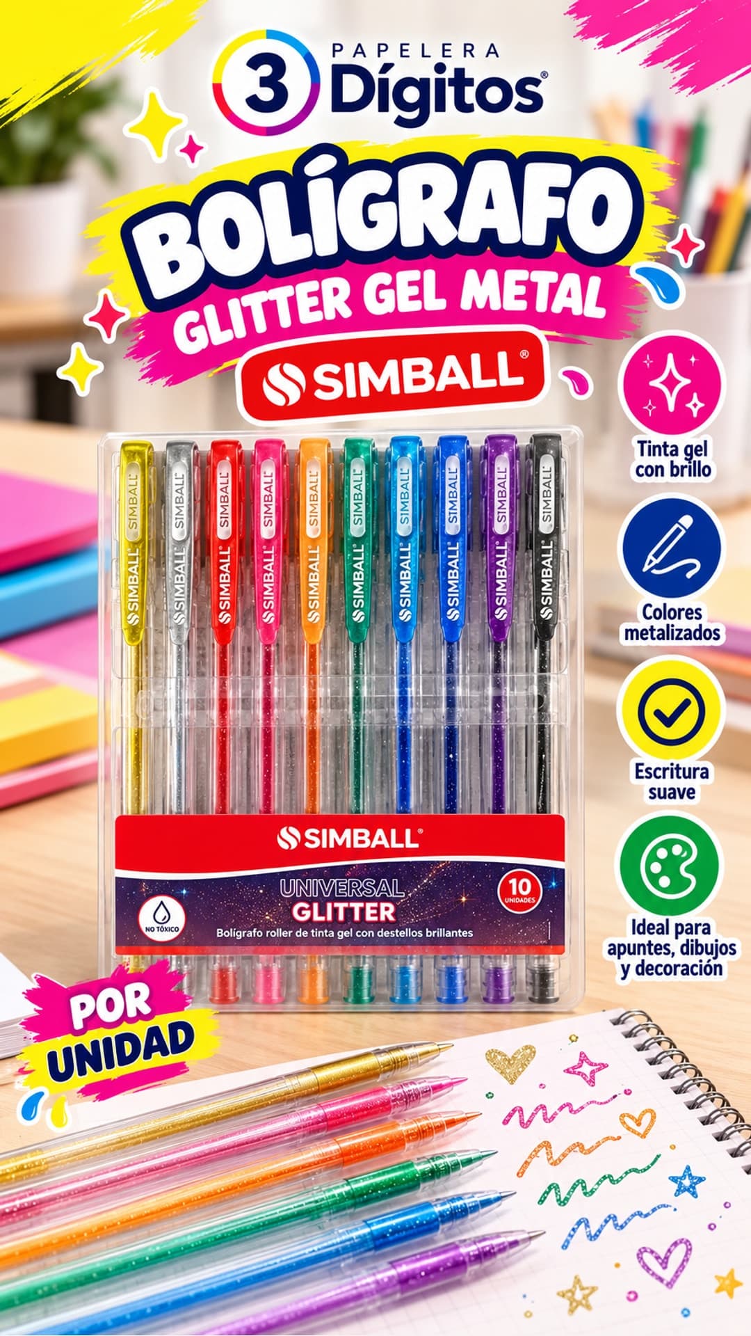 BOLIGRAFO GLITTER GEL METAL X UNIDAD- SIMBALL
