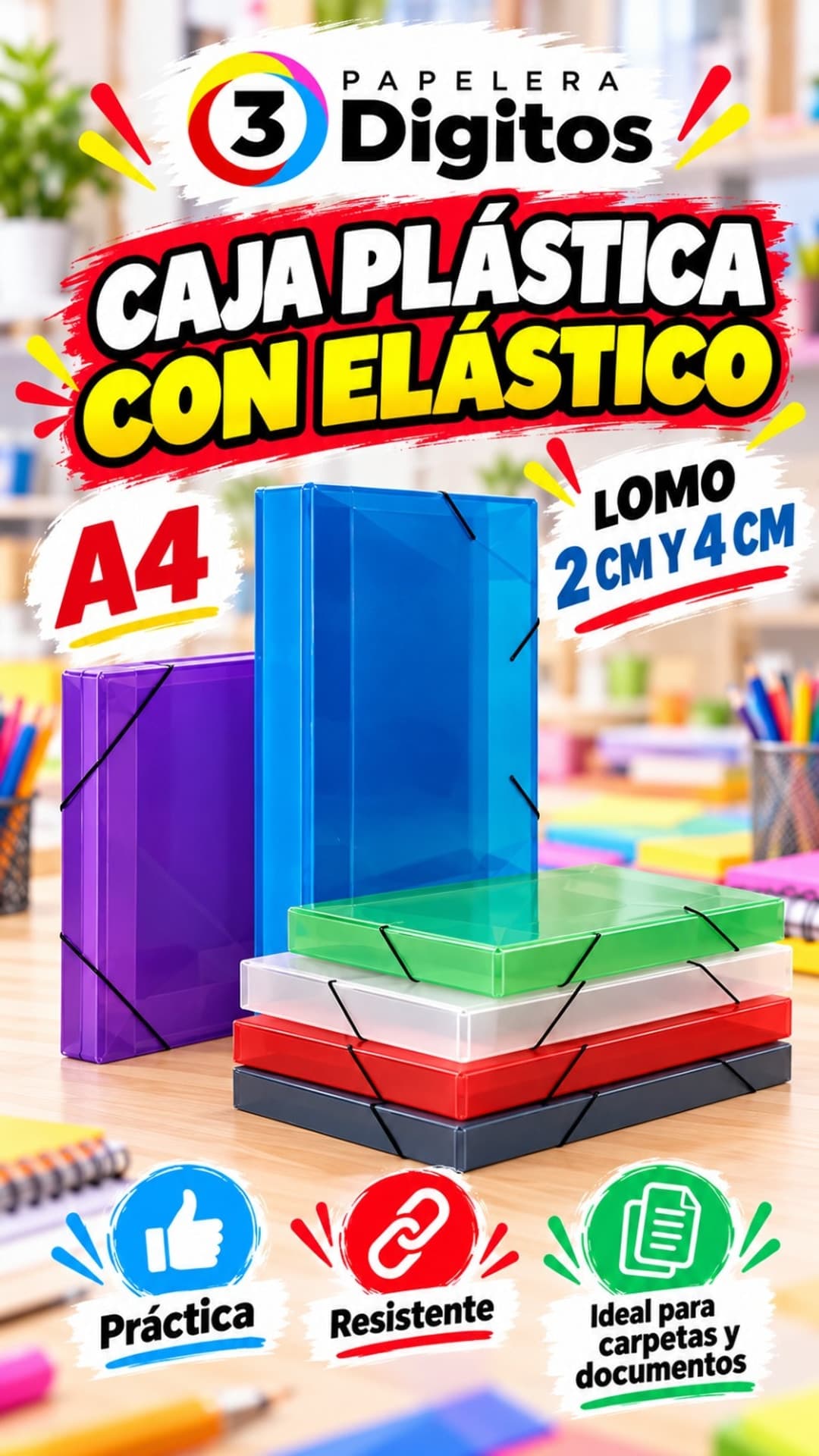 CAJA PLASTICA CON ELASTICO A4, LOMO 2CM Y 4CM